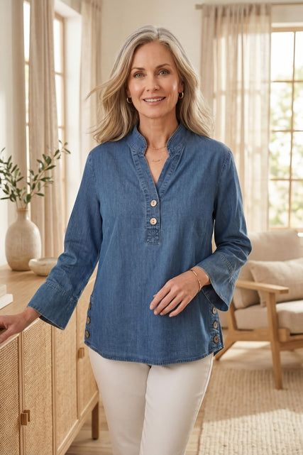 Stretch Denim Henley Top