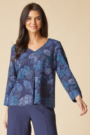 Crinkle Crepe Scattered Leaves Pleat Top