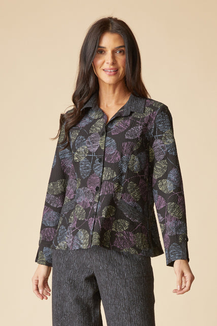 Crinkle Crepe Scattered Leaves Shirt Jacket