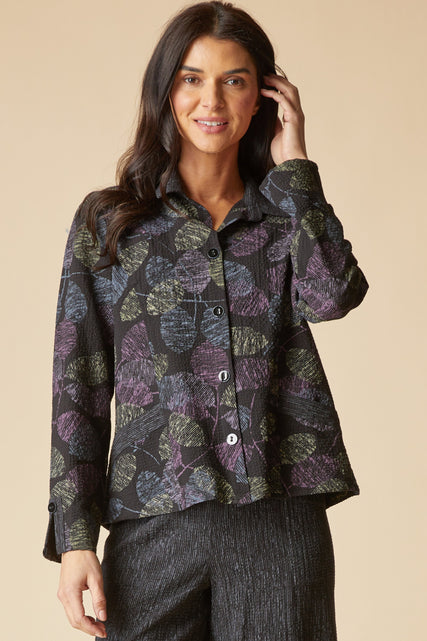 Crinkle Crepe Scattered Leaves Shirt Jacket