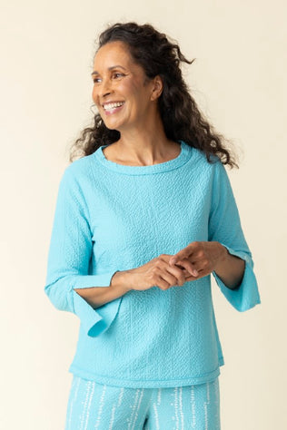 Pucker Weave Flutter Sleeve Pullover