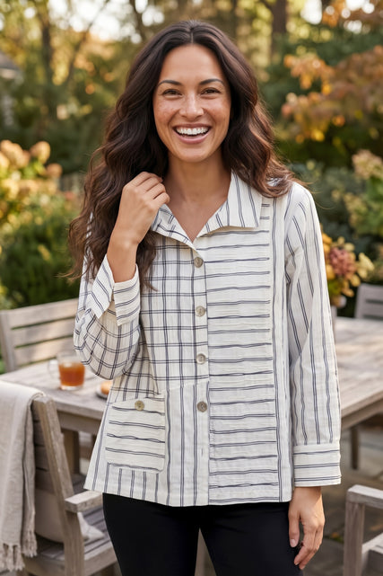 Mixed-Grid Button-Down Pocket Shirt