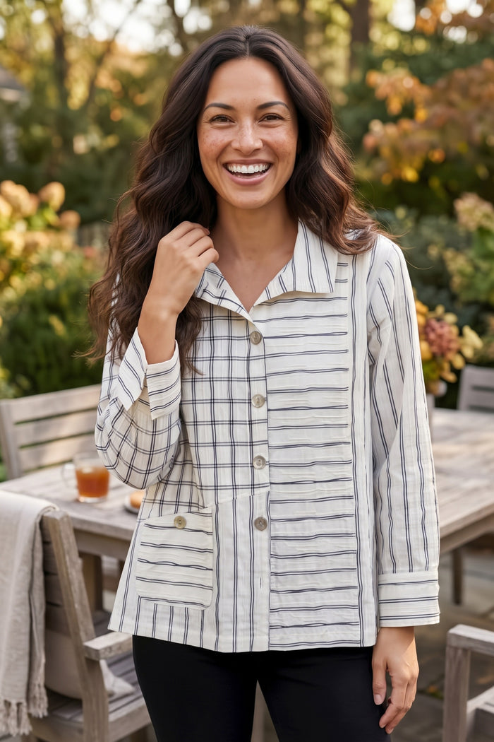 Mixed-Grid Button-Down Pocket Shirt