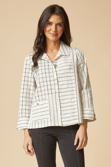 Mixed-Grid Button-Down Pocket Shirt