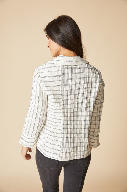 Mixed-Grid Button-Down Pocket Shirt
