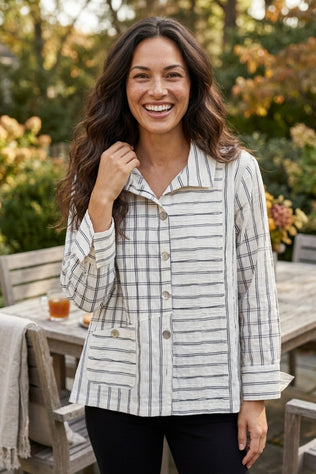 Mixed-Grid Button-Down Pocket Shirt