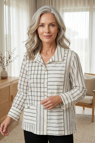 Mixed-Grid Button-Down Pocket Shirt