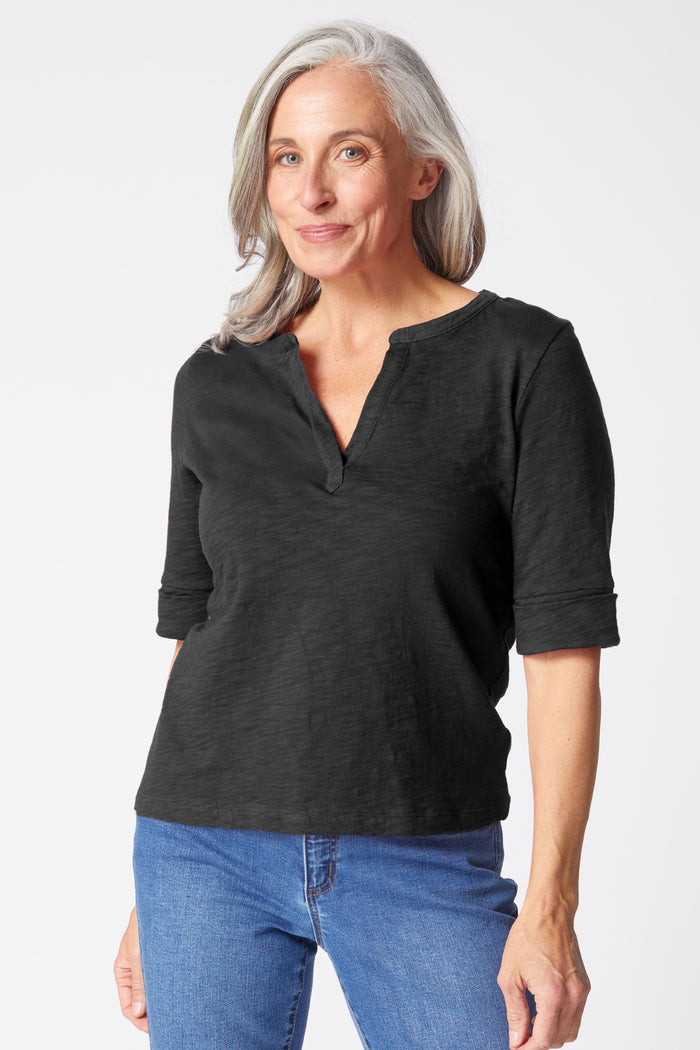 Peruvian Textured Cotton Split Collar Elbow Sleeve Tee