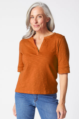 Peruvian Textured Cotton Split Collar Elbow Sleeve Tee