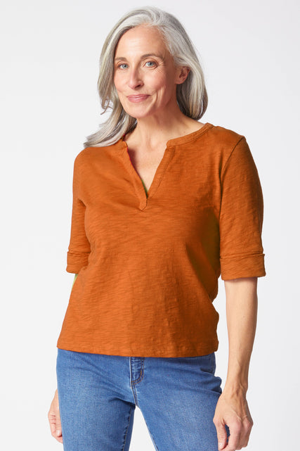 Peruvian Textured Cotton Split Collar Elbow Sleeve Tee