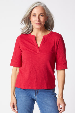 Peruvian Textured Cotton Split Collar Elbow Sleeve Tee