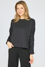 Feather Lux Knit Ruched Sleeve Pullover