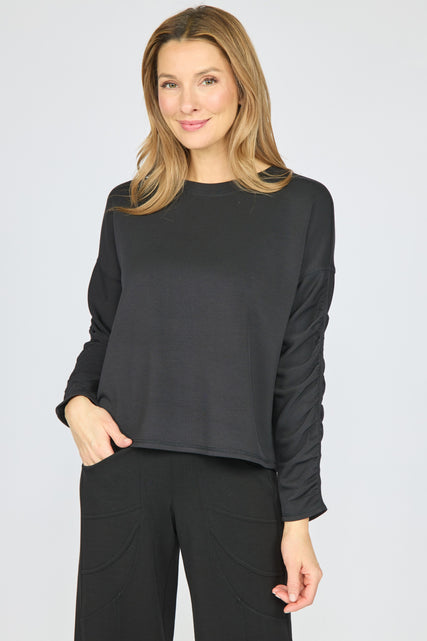 Feather Lux Knit Ruched Sleeve Pullover