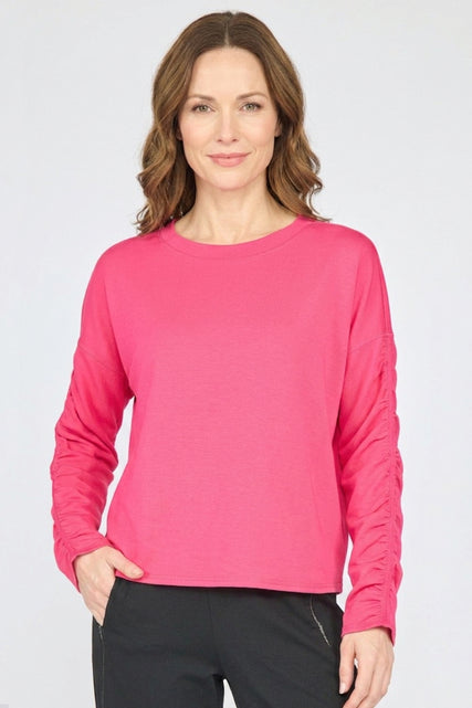 Feather Lux Knit Ruched Sleeve Pullover