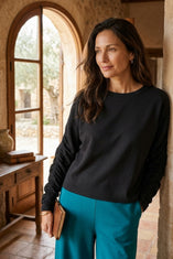 Feather Lux Knit Ruched Sleeve Pullover