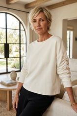 Feather Lux Knit Ruched Sleeve Pullover