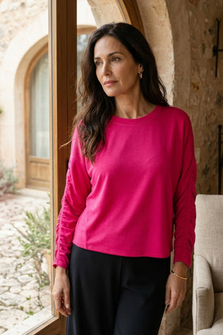 Feather Lux Knit Ruched Sleeve Pullover
