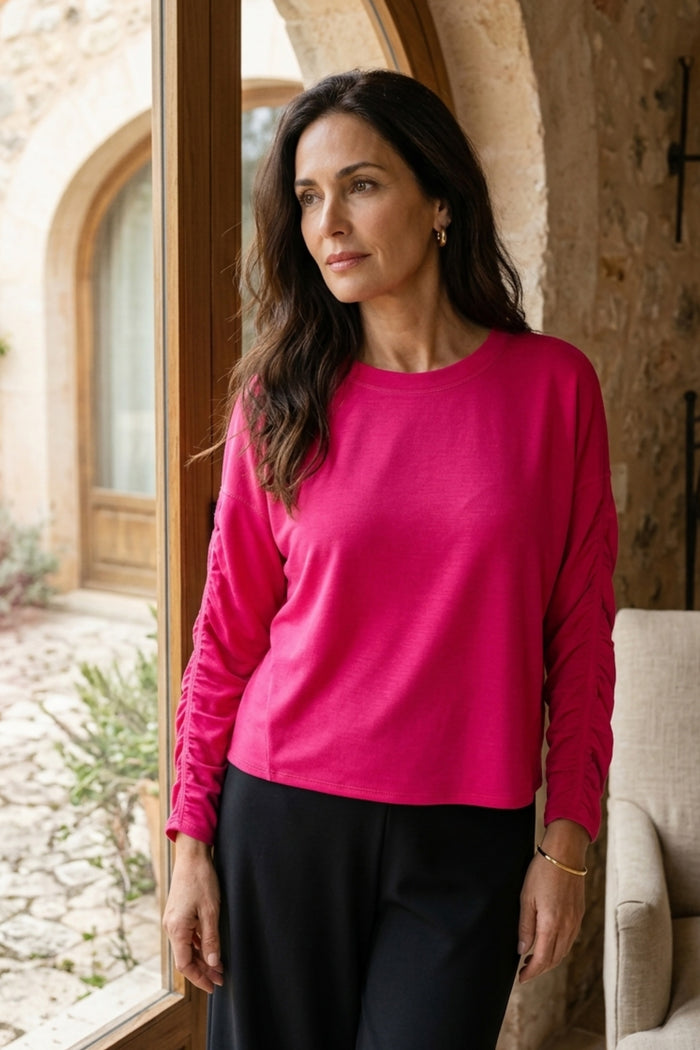 Feather Lux Knit Ruched Sleeve Pullover