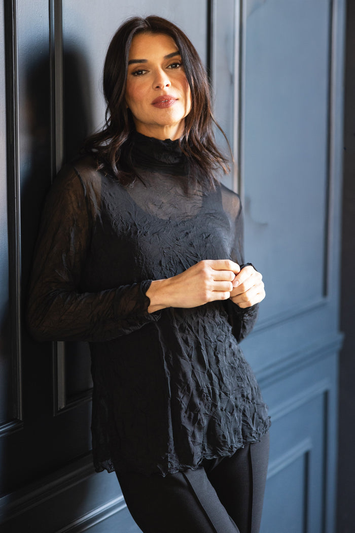 Crinkle Mesh Ruched Turtle Neck